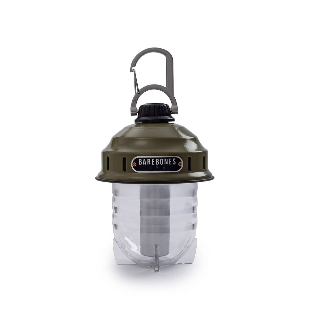 Olive drab vintage LED camping lantern with handle and control panel, clear diffuser base