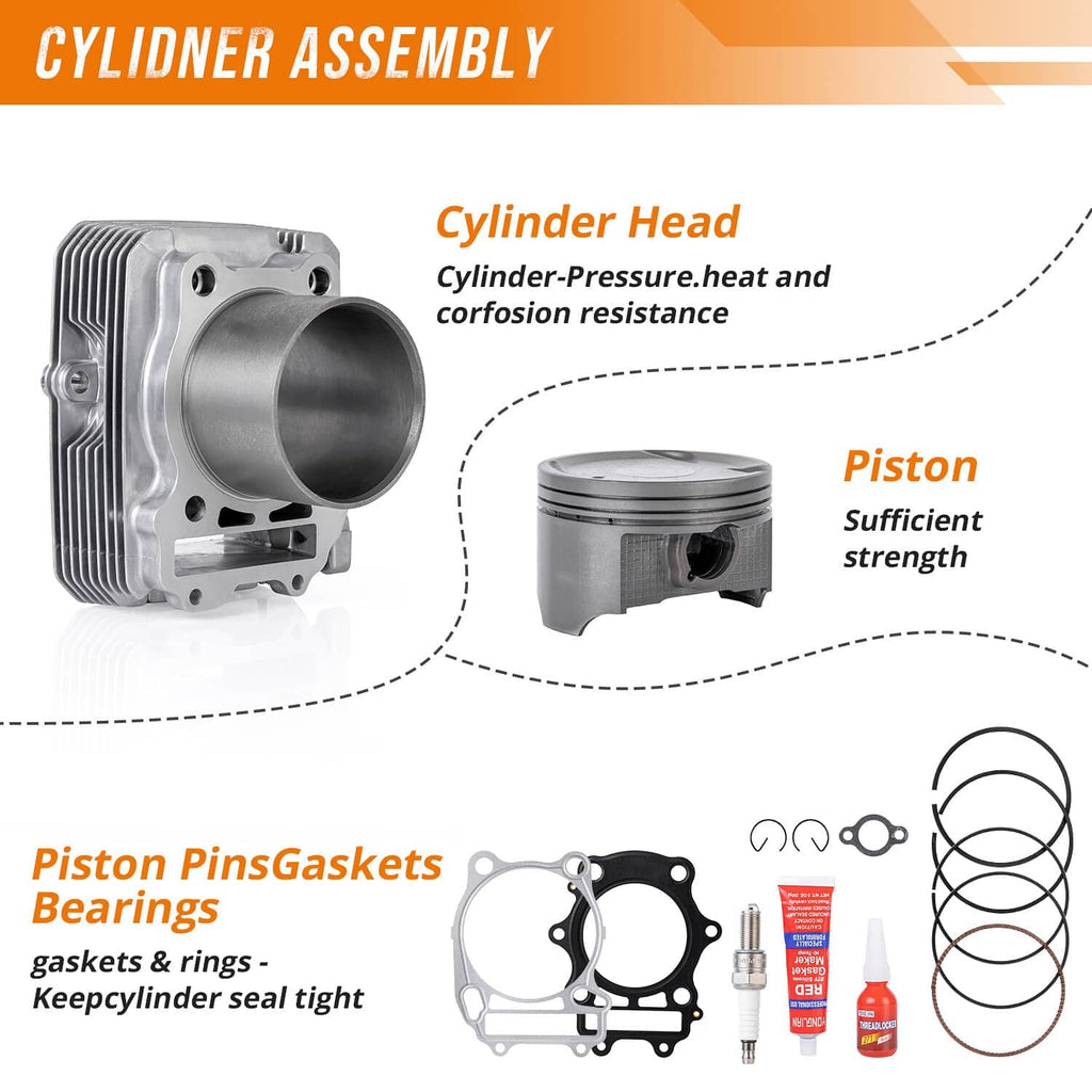 Cylinder assembly parts shown: cylinder head, piston, gaskets, and threadlocker bottle