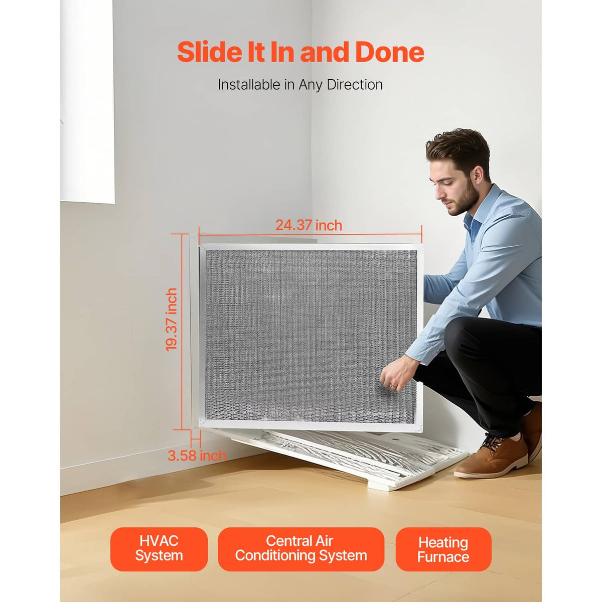 Rectangular gray air filter with fine mesh media and silver aluminum frame