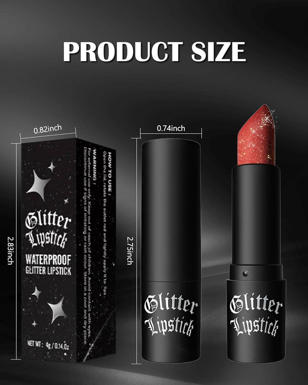 Glitter lipstick product size with black tubes and wine red glitter lipstick