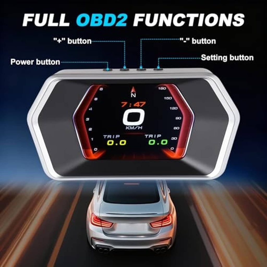 HUD display showing speed in km/h with labeled buttons on top