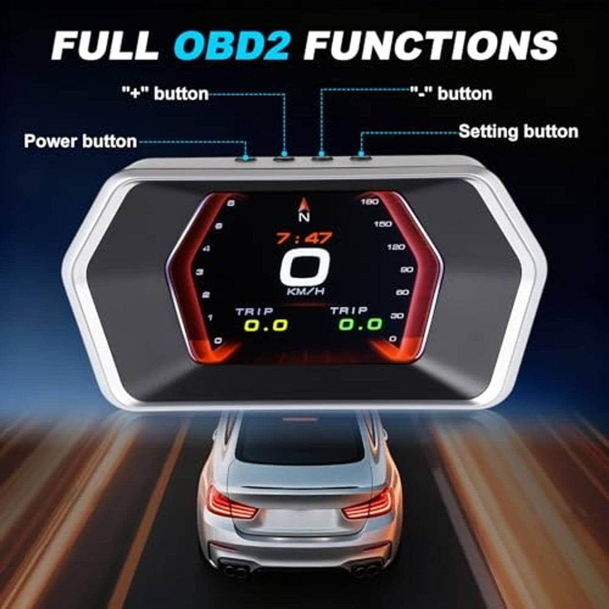 HUD display showing speed in km/h with labeled buttons on top