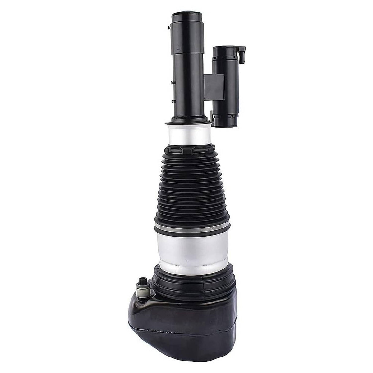 Front air suspension strut with folded black bellows, silver air sleeve, and top brackets