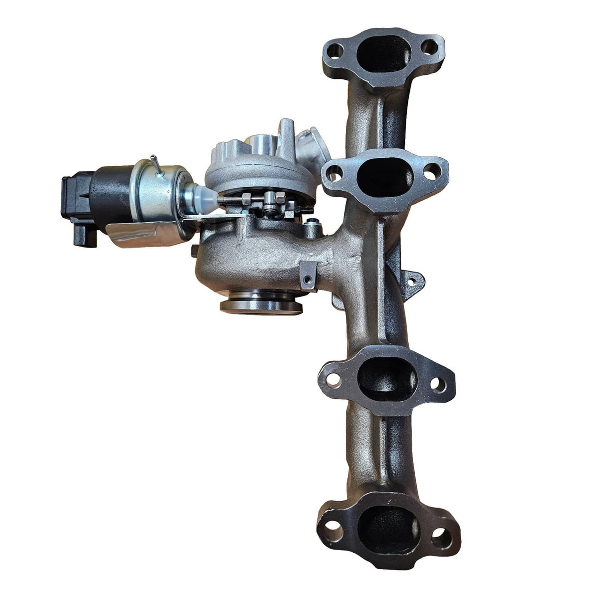 Turbocharger assembly with multiple exhaust flanges and black sensor connector