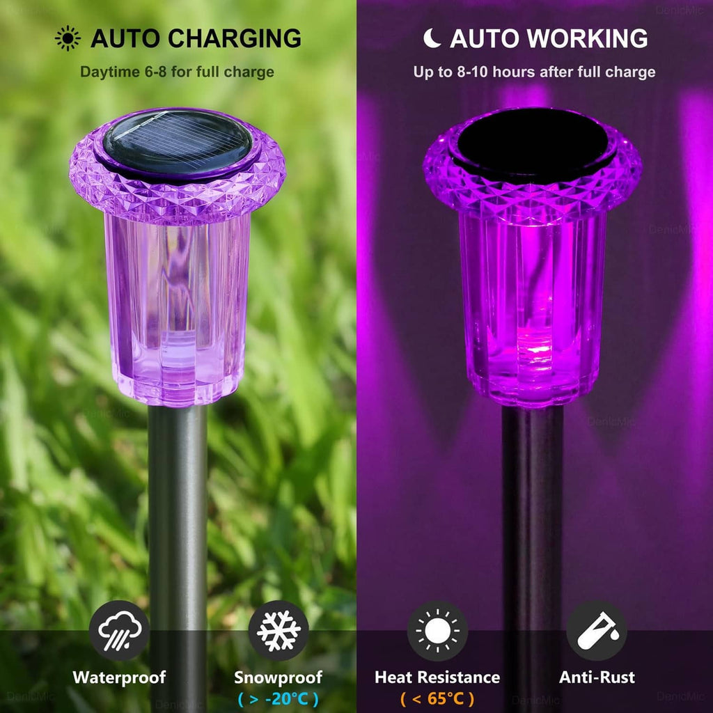Purple solar spike light head on a metal pole, shown glowing in dark with daylight panel