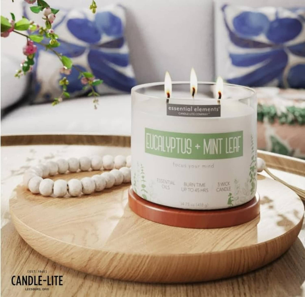 Eucalyptus mint leaf three-wick candle on round wooden tray with white jar