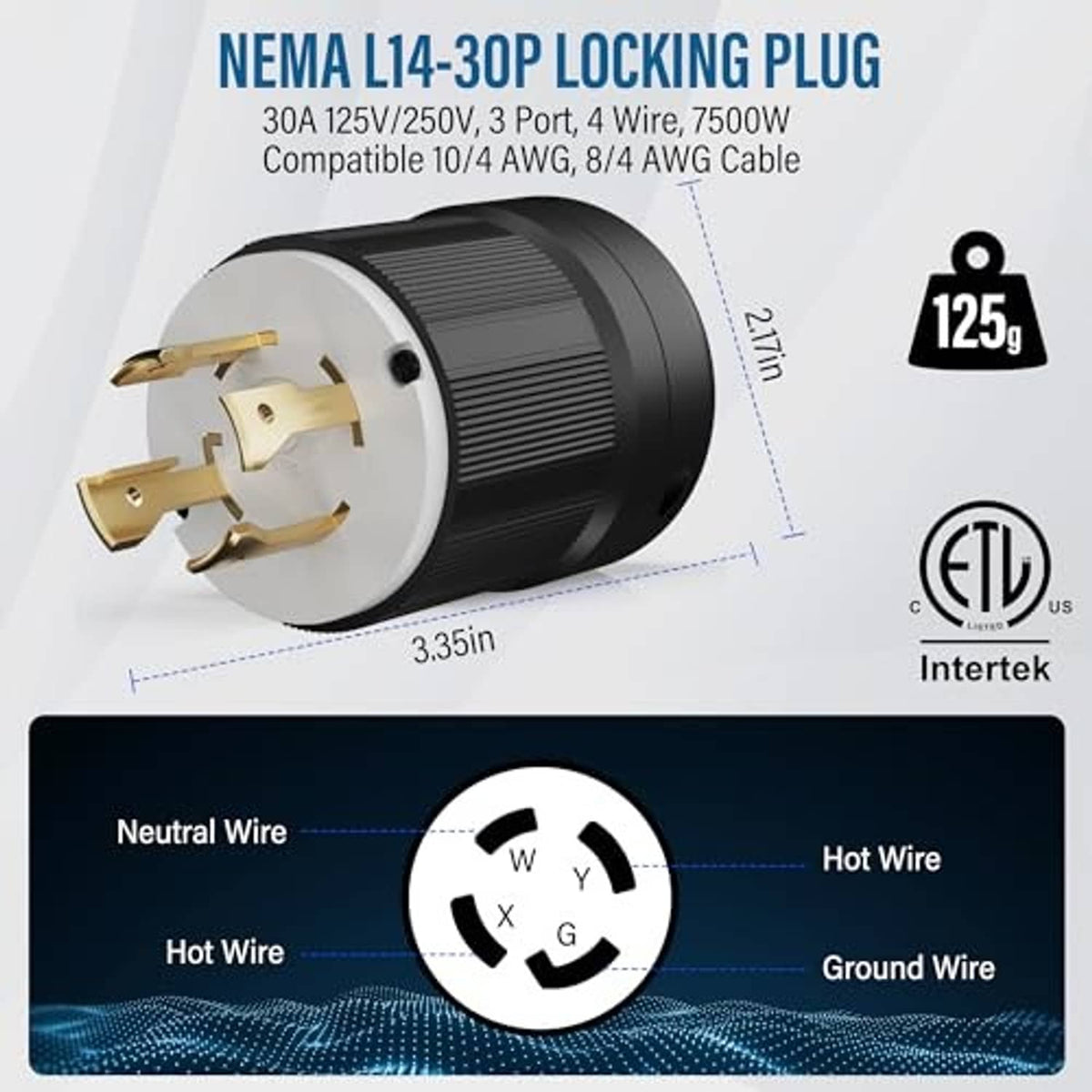 NEMA L14-30 locking plug, black body with white face and gold terminals