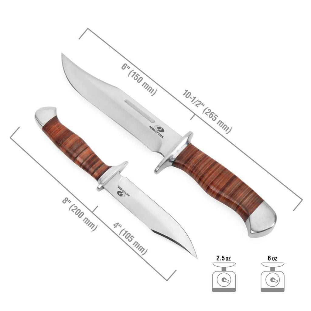 2-piece Bowie knife set with wood handles, stainless blades, and black sheath covers