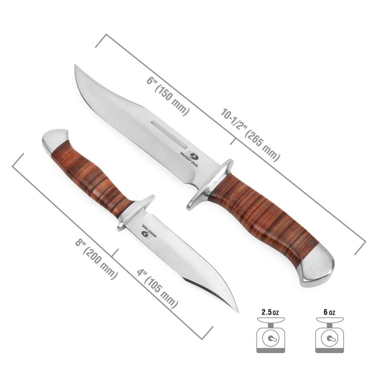 2-piece Bowie knife set with wood handles, stainless blades, and black sheath covers