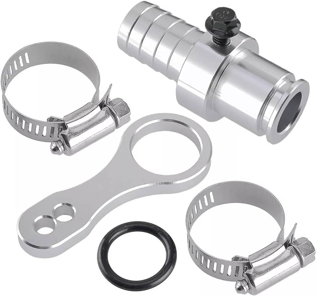 Metal coolant bypass adapter with two hose clamps, gasket ring, and black seal