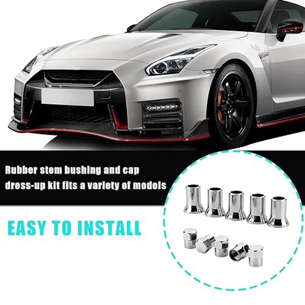 Wheel with chrome valve stem caps; rubber bushing and cap dress-up kit