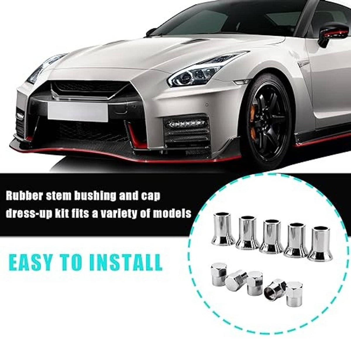 Wheel with chrome valve stem caps; rubber bushing and cap dress-up kit