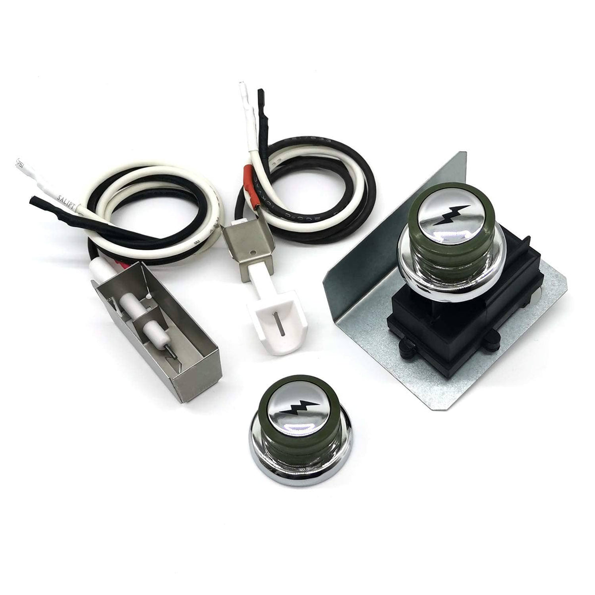 Universal grill igniter kit with two chrome push buttons, black bases, and wiring harness
