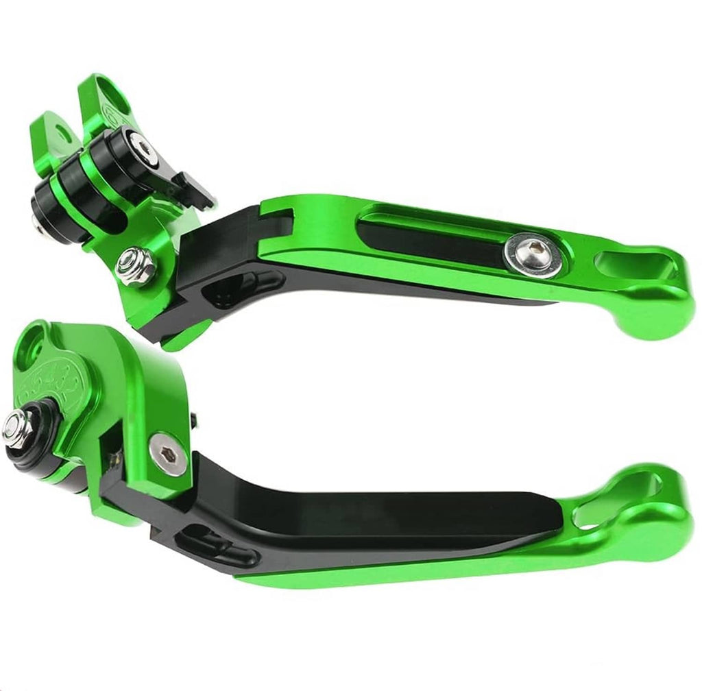 Green and black motorcycle brake and clutch levers with mounting hardware