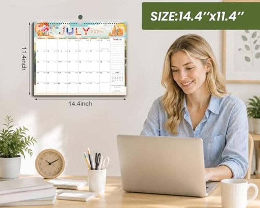 Wall calendar with colorful 2026–2027 grid, 14.4 x 11.4 inch size