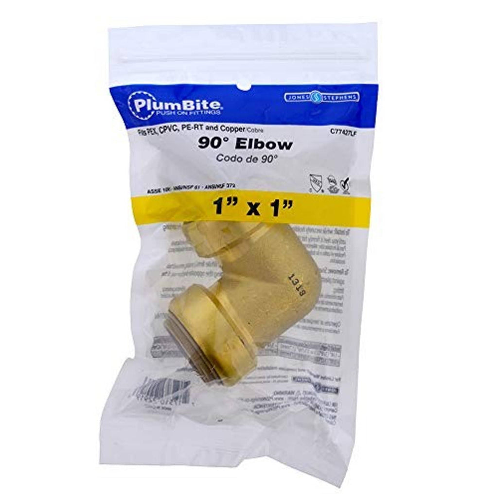 PlumBite 90° elbow push-on connector bag, 1 in x 1 in, gold/yellow