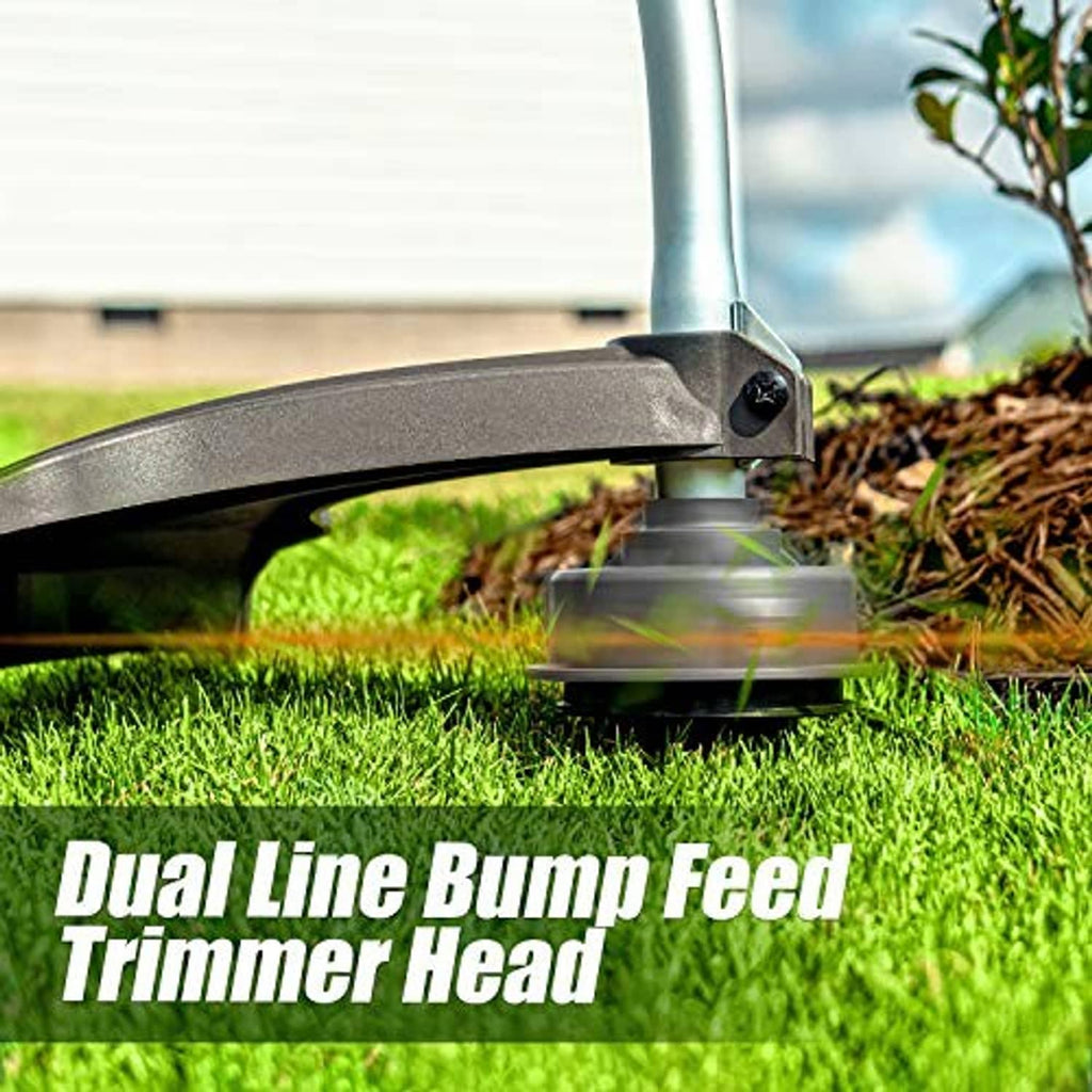 Trimmer head with line guard bump-feed style cutting on green grass