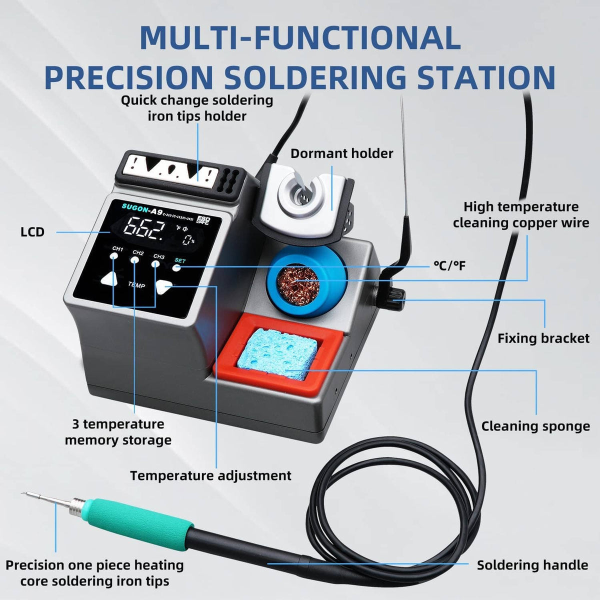 Precision soldering station with LCD screen, tip holder, cleaning sponge and wire