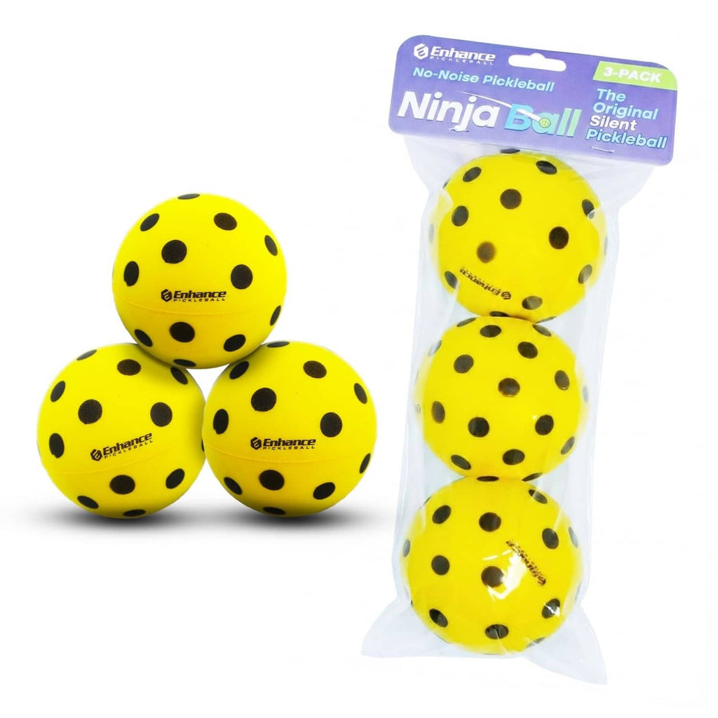 Yellow silent foam pickleballs, three-pack with black dot pattern.