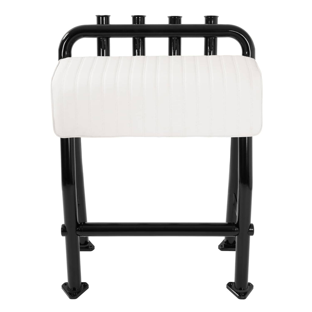 Black aluminium leaning boat seat frame with white padded backrest and base