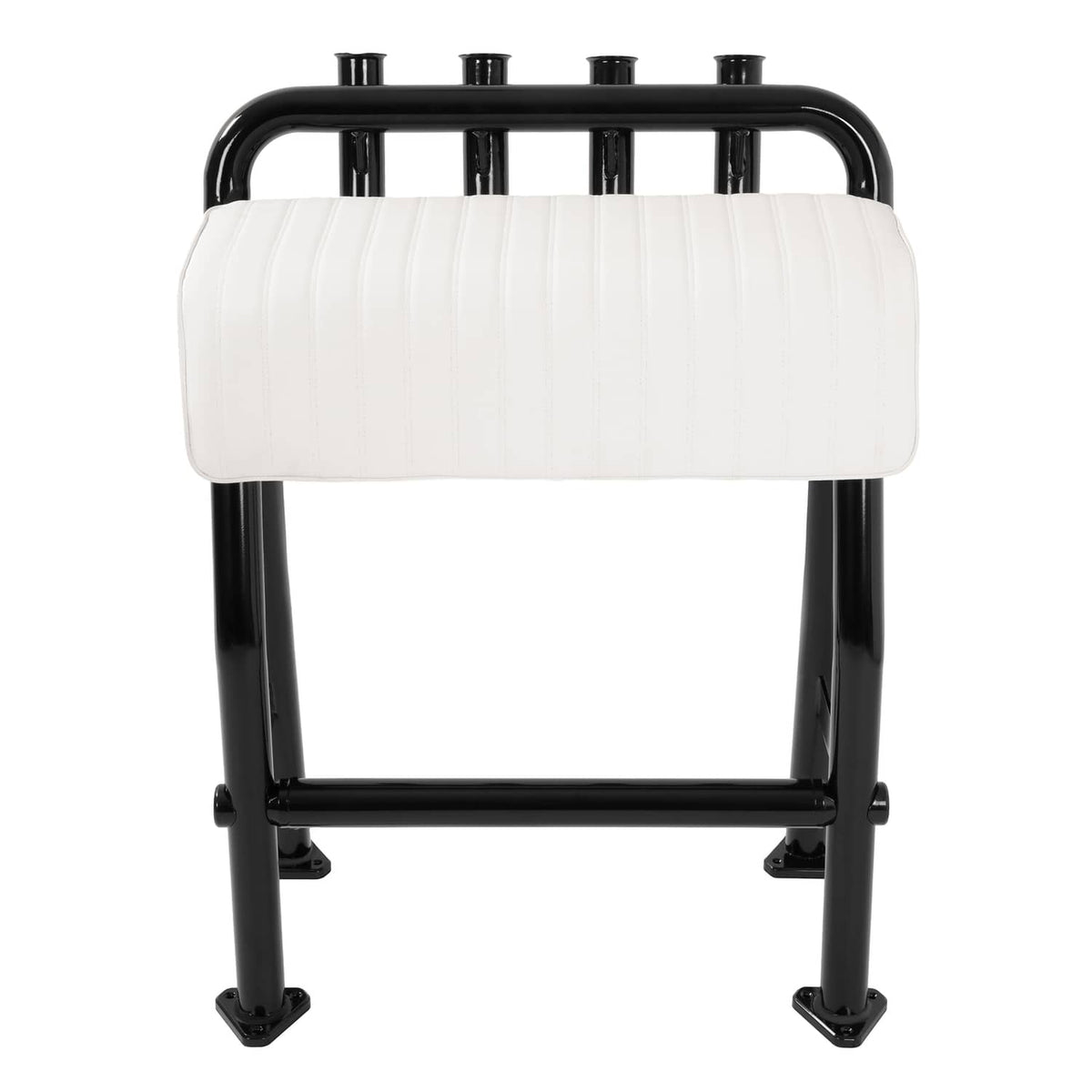 Black aluminium leaning boat seat frame with white padded backrest and base