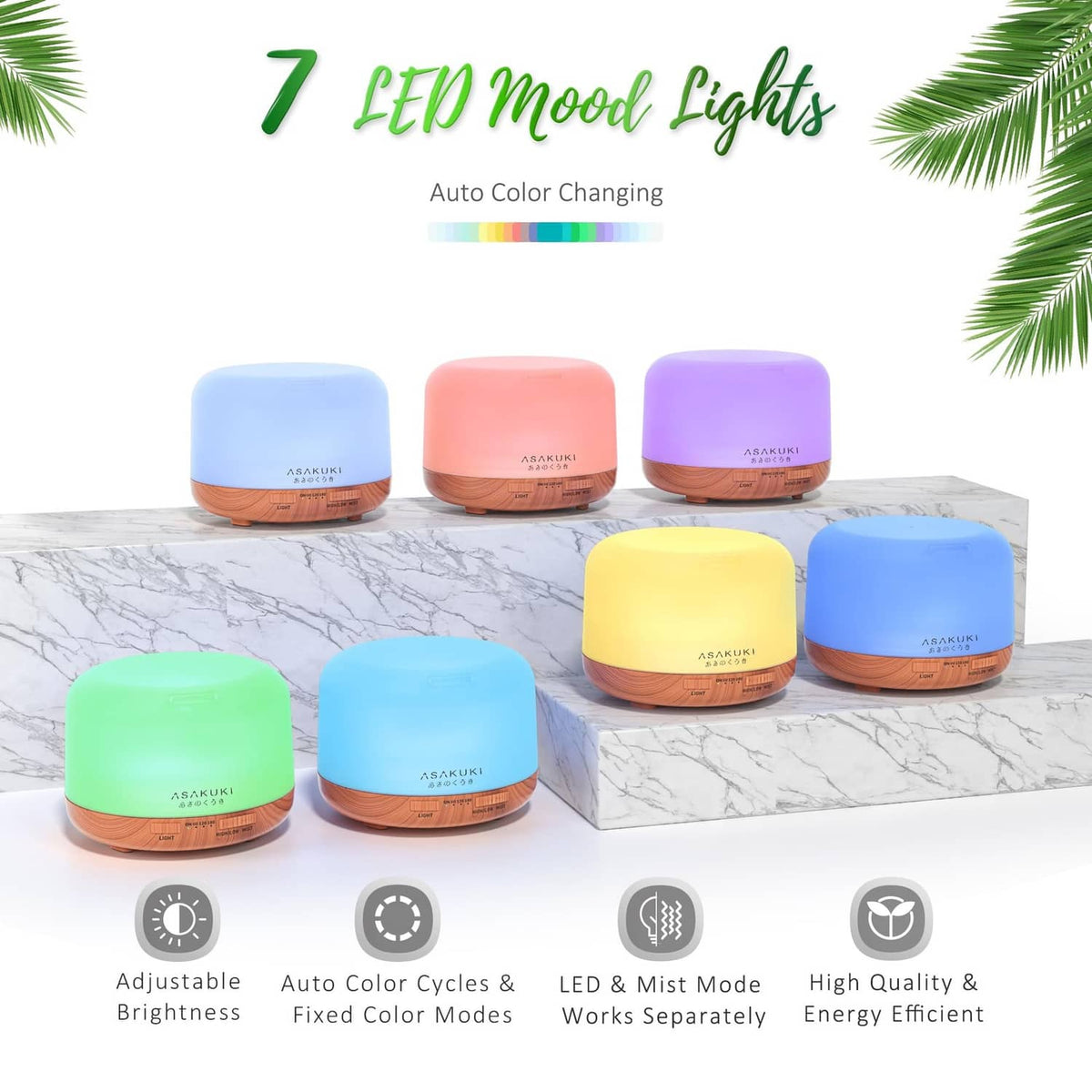 Essential oil diffusers in pastel colors with wood base and built-in LED mood light