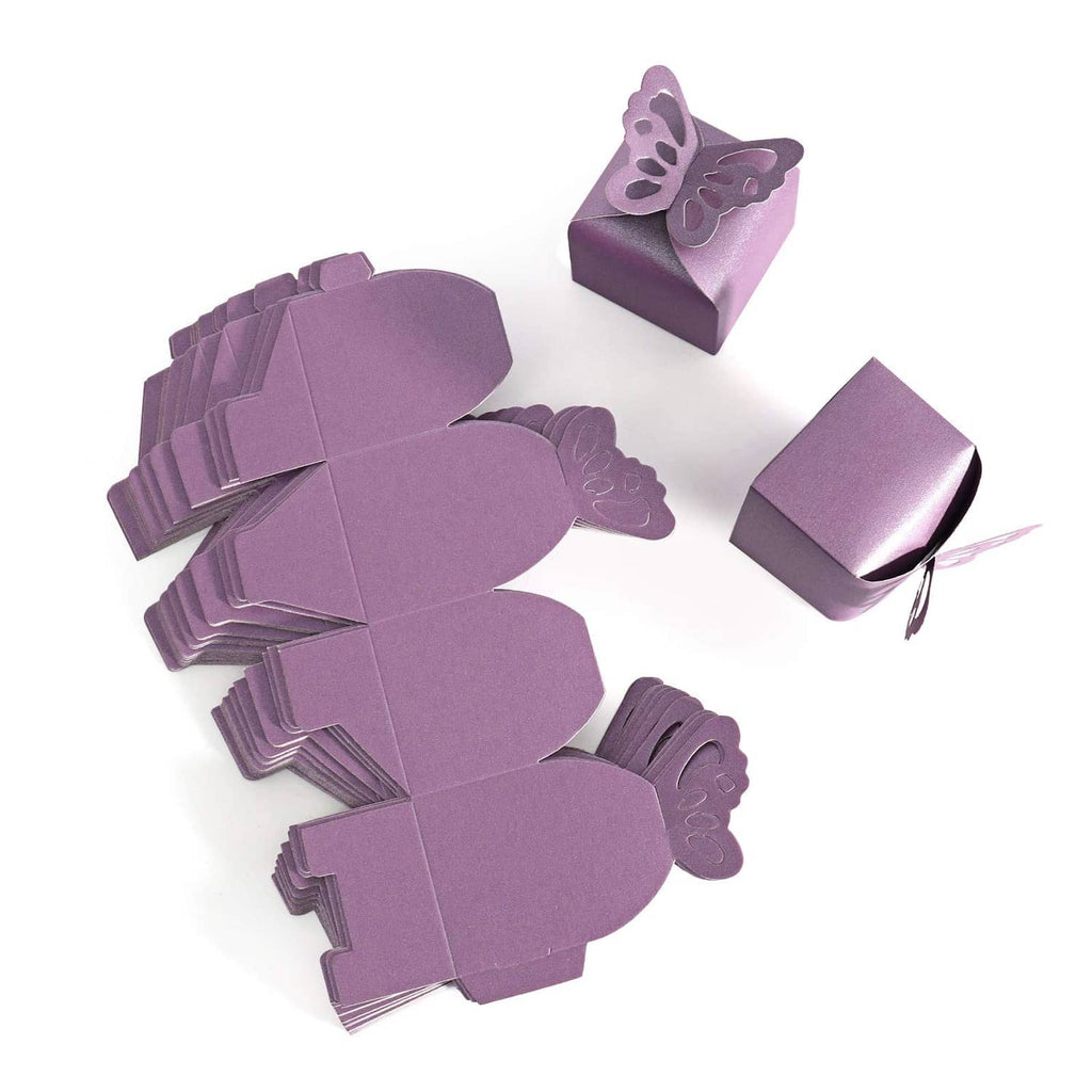 Set of purple butterfly favor boxes with bow ties and butterfly top cutout details