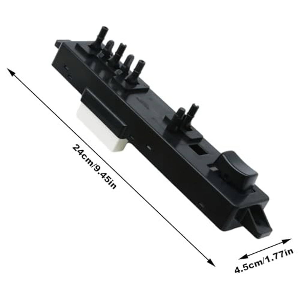 Black power seat switch module angled view showing rocker button and pin tops