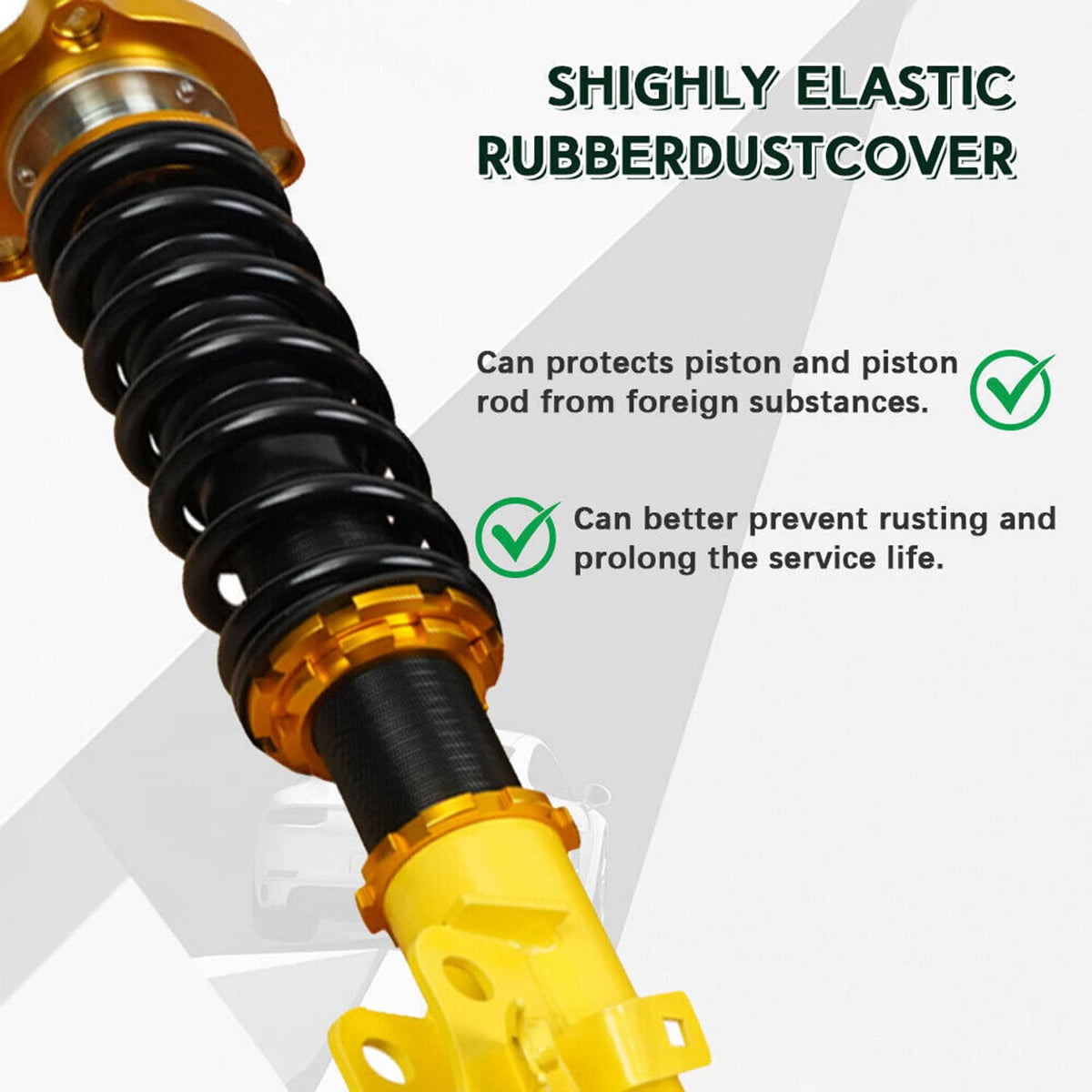 Close-up coilover strut with black spring, gold lower ring joint, and yellow dust cover