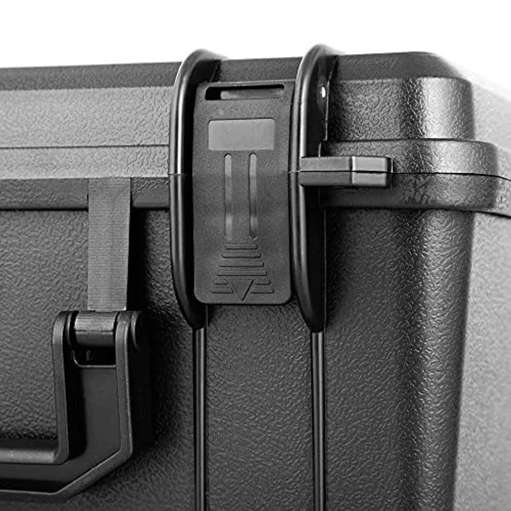 Close-up of black latch and hinged lid seam on a hard case