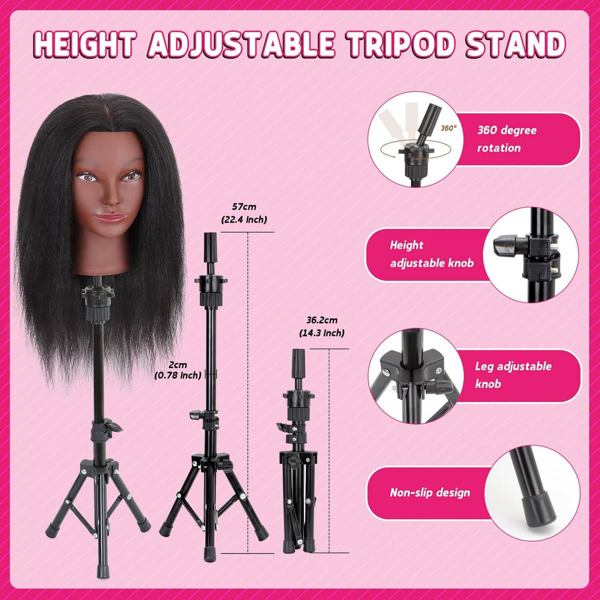 Height-adjustable black tripod stand with a long black hair mannequin head