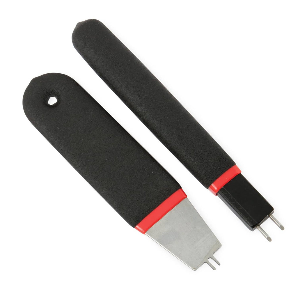 A/C line disconnect tool set with black handles, red bands, and two-pin metal ends