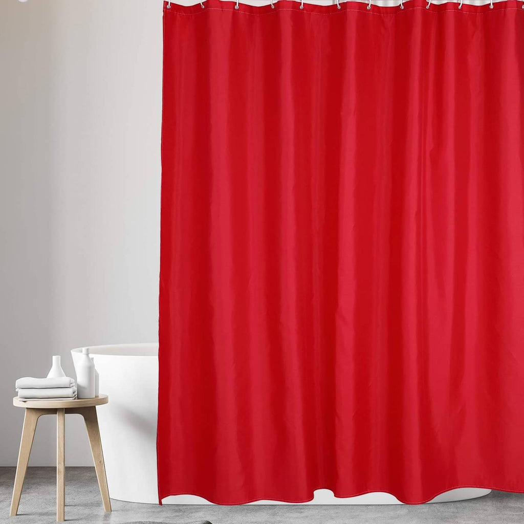 Red shower curtain liner with wide pleats and evenly finished bottom hem