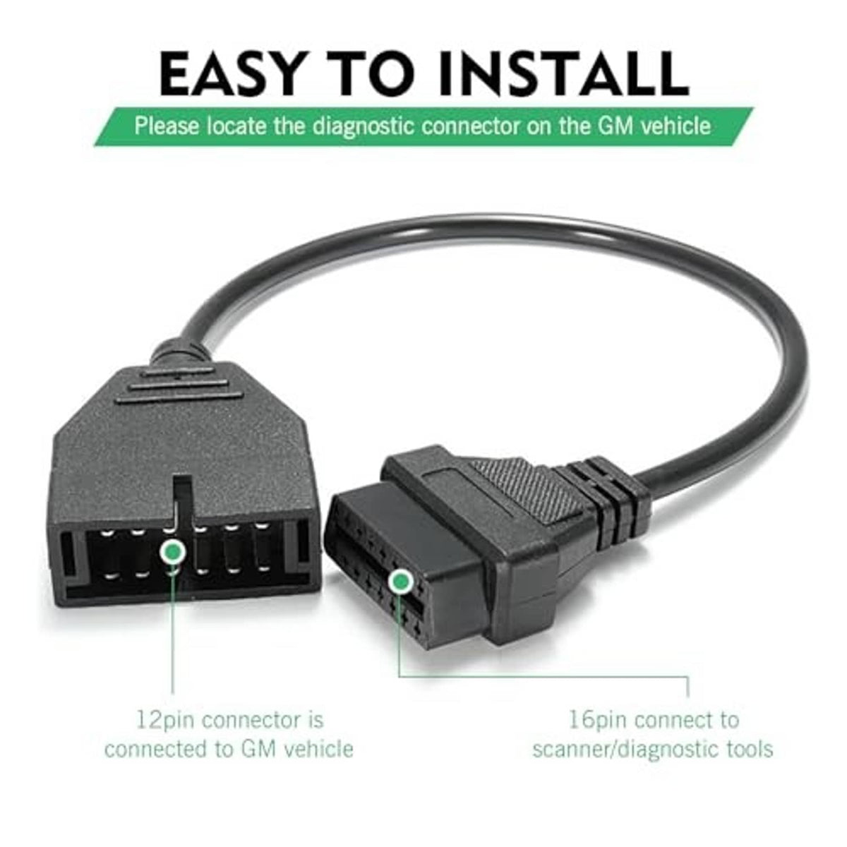 Adapter cable with 12-pin and 16-pin connectors, molded for a GM-style fit