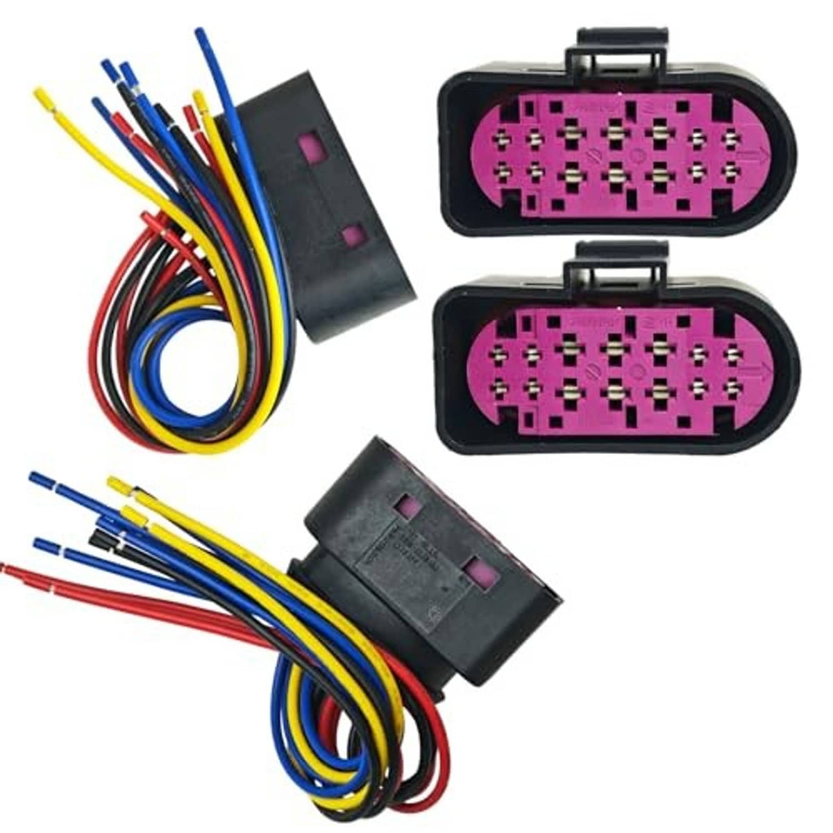 Headlight connector harness pigtail set with purple multi-pin plugs and multicolor wire leads