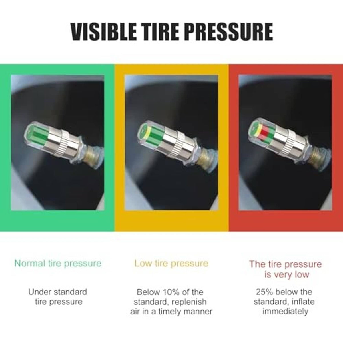 Tire valve stem cap installed on a tire valve stem with green red indicator ring