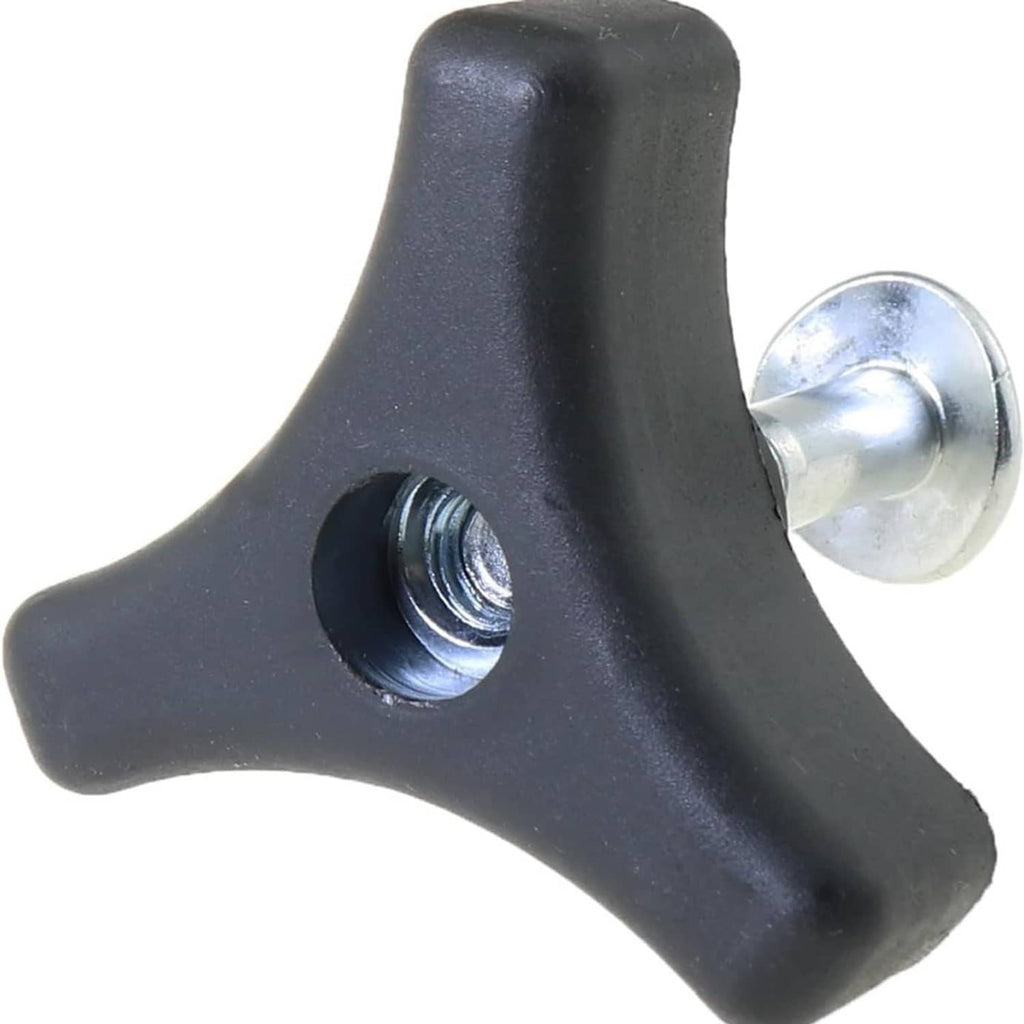 Black plastic mower handle bolt with silver screw head, close-up detail