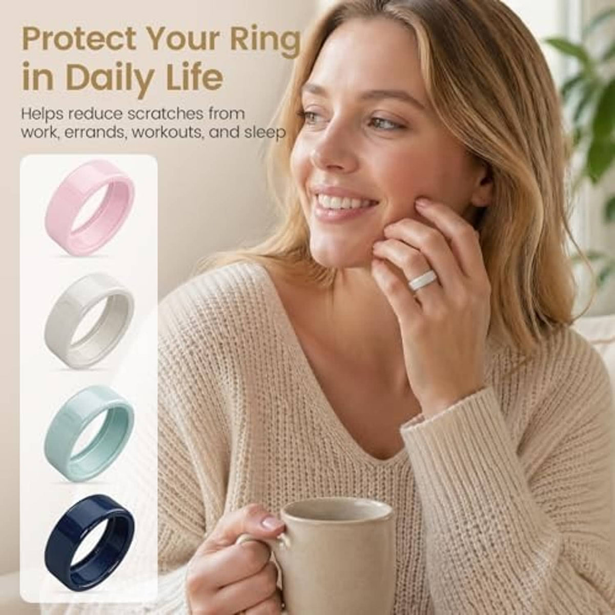 White TPU ring cover worn by woman, plus pink, white, mint, and blue options