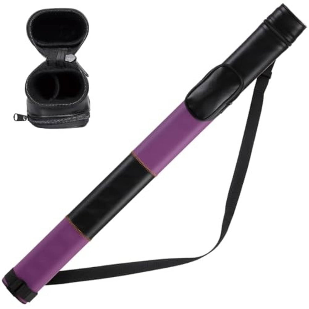 Purple and black cue hard case with open double pouch and adjustable shoulder strap