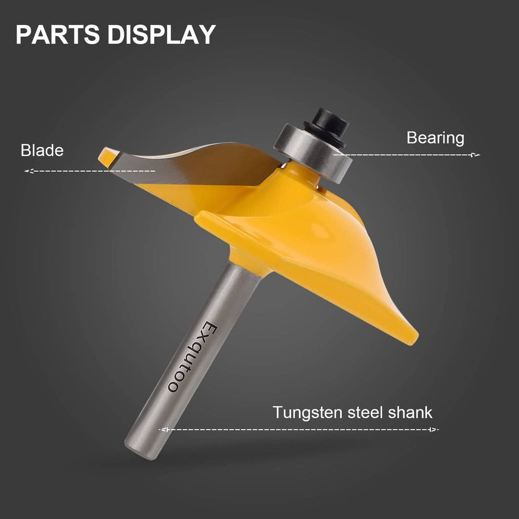 Router bit diagram: tungsten steel shank with yellow raised-panel blade