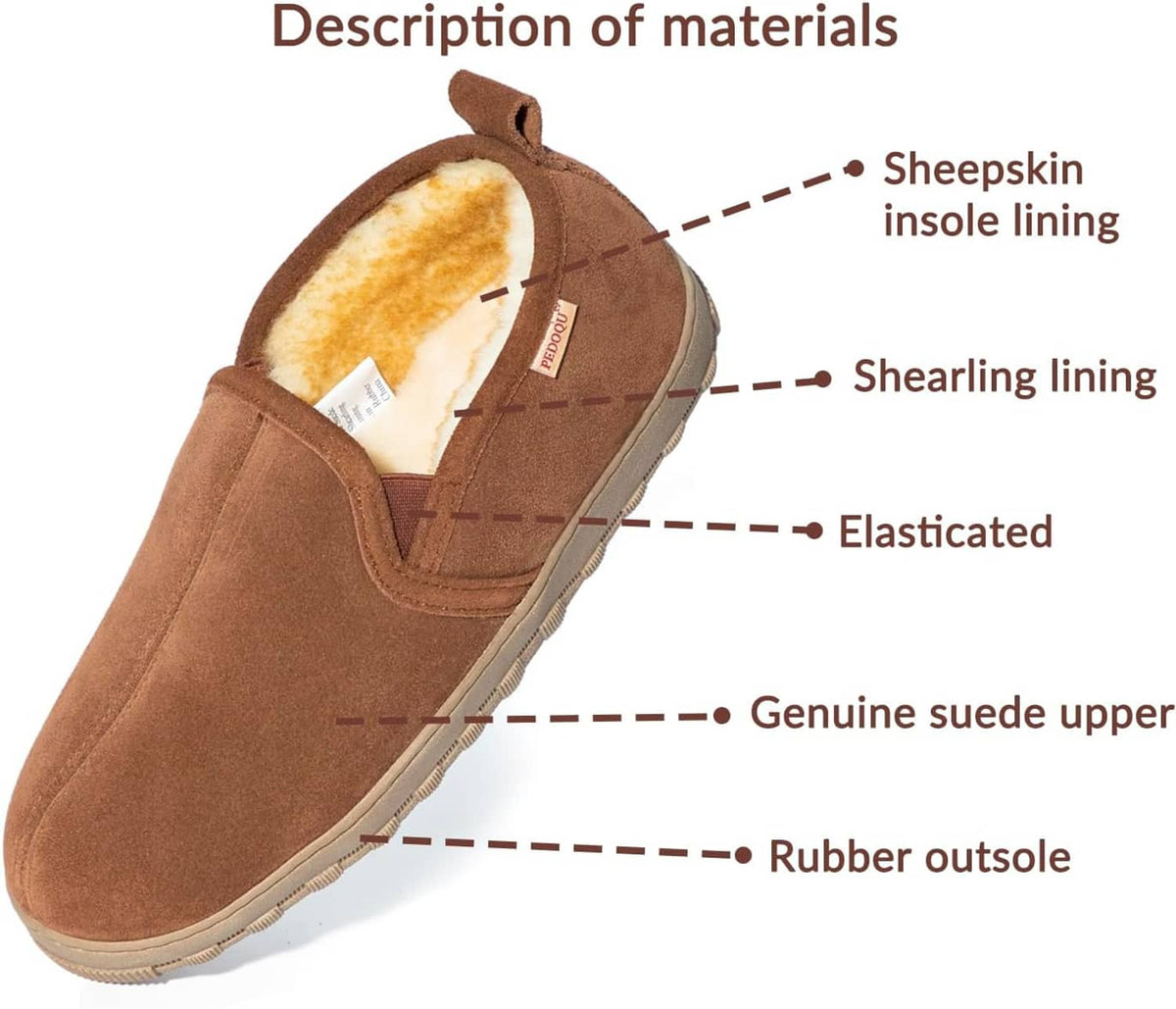 Brown suede slipper cutaway showing sheepskin insole lining and rubber outsole