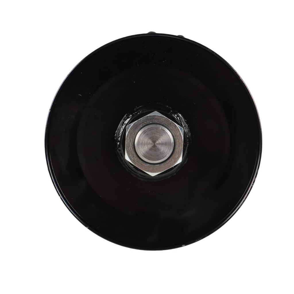 Black spindle pulley end with recessed metal bolt opening
