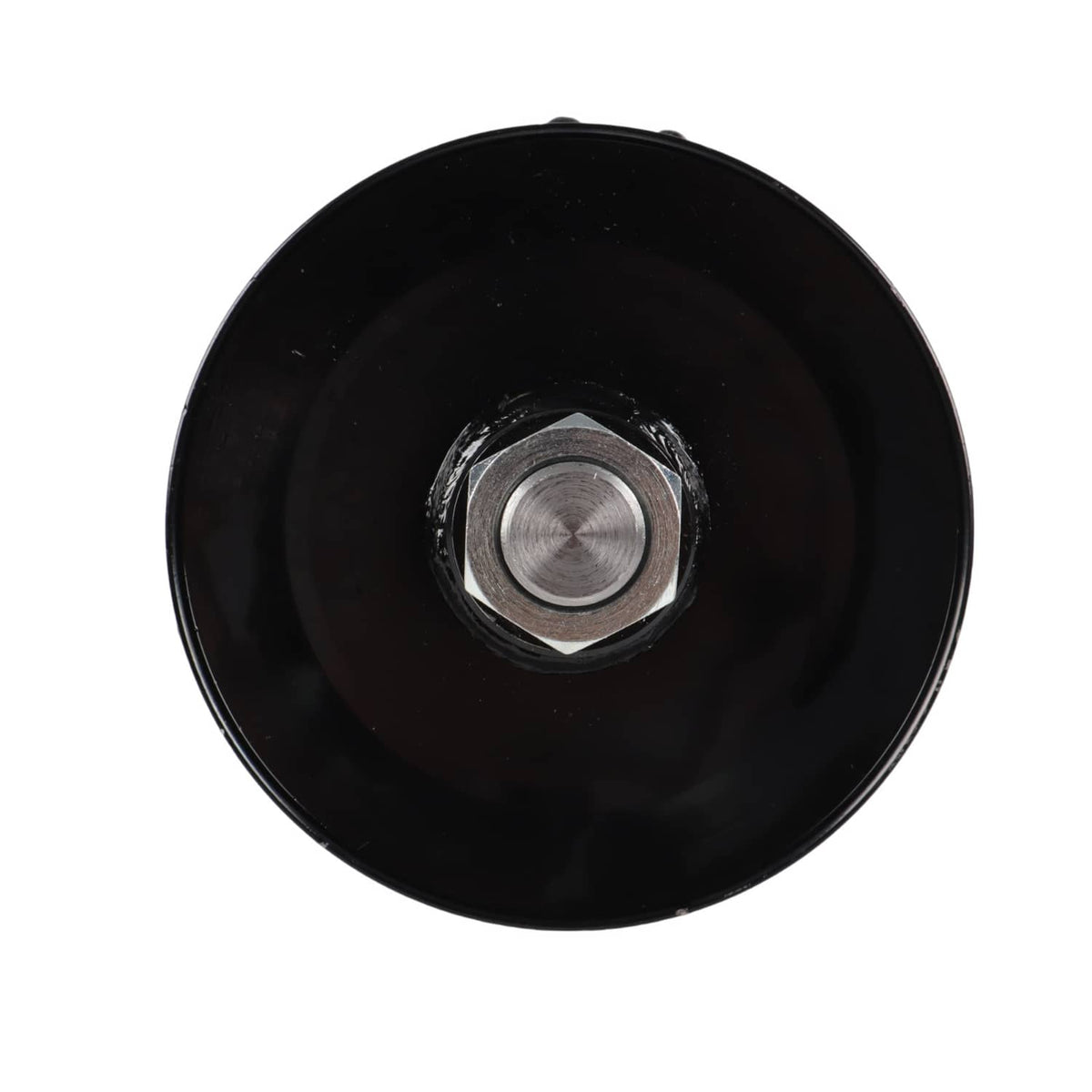 Black spindle pulley end with recessed metal bolt opening