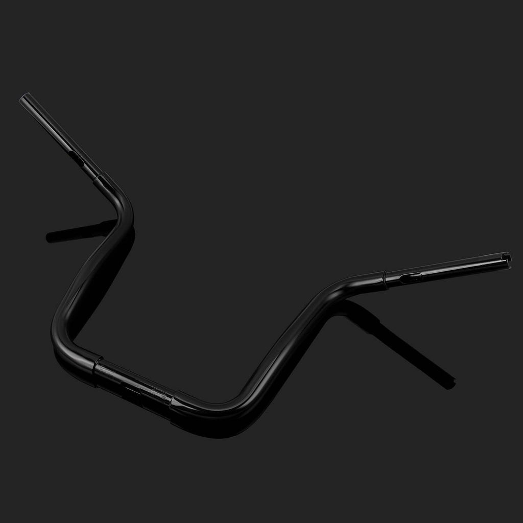 Black ape hanger handlebar, angled view showing curved sweep and support bends