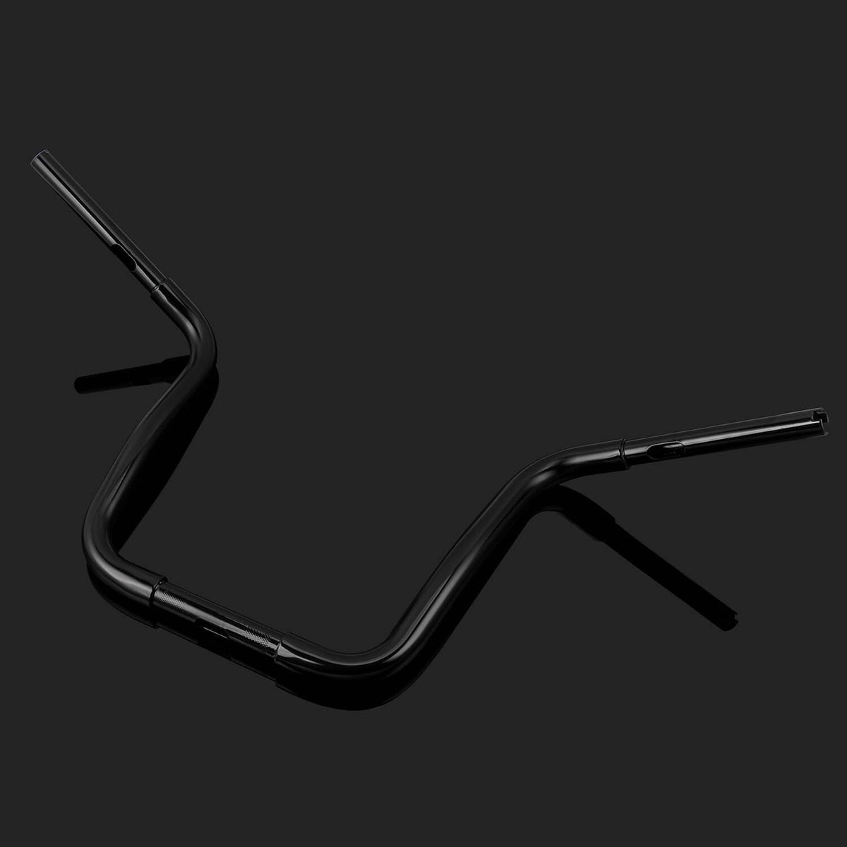 Black ape hanger handlebar, angled view showing curved sweep and support bends