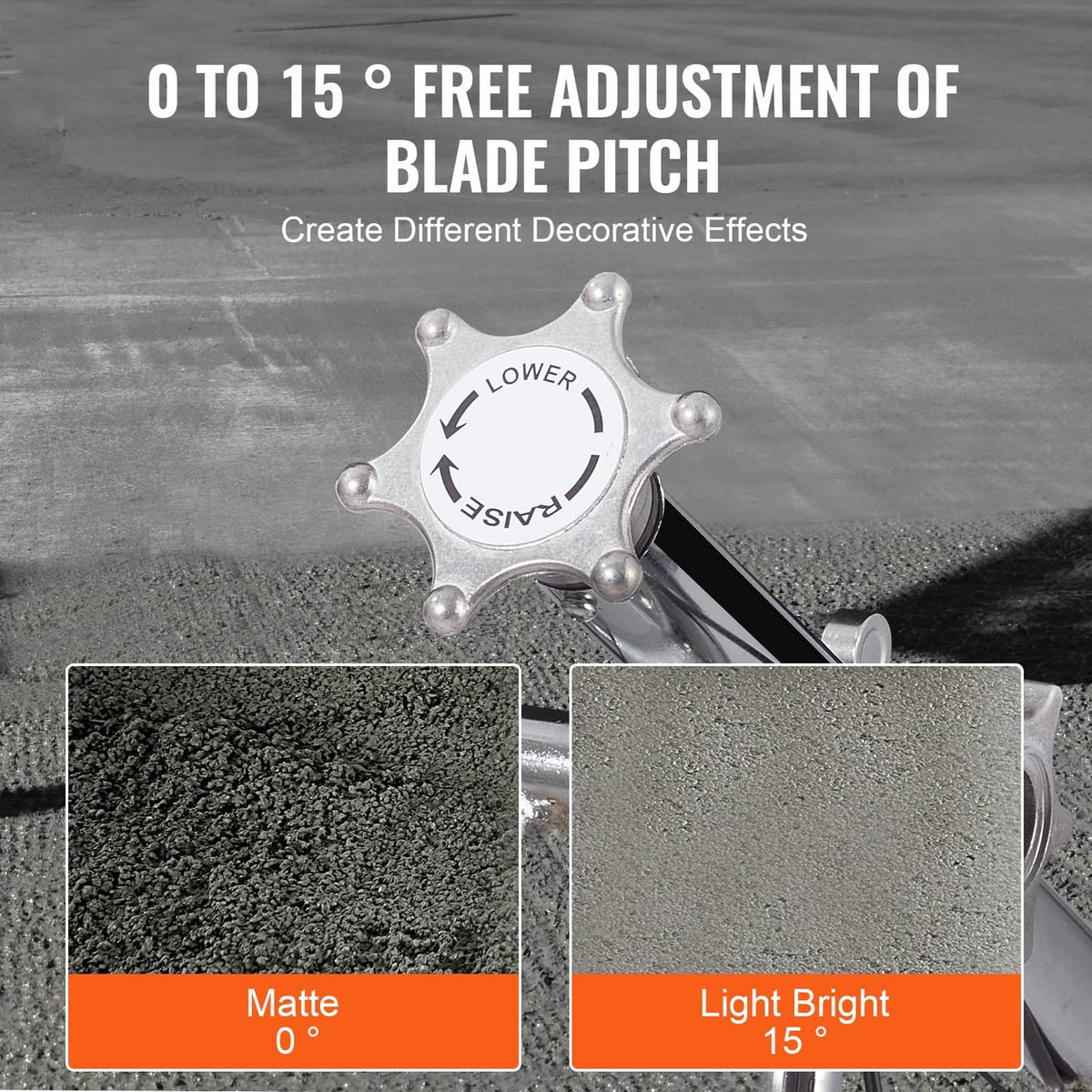 Adjustable blade pitch power trowel component with matte and light-finish blade samples