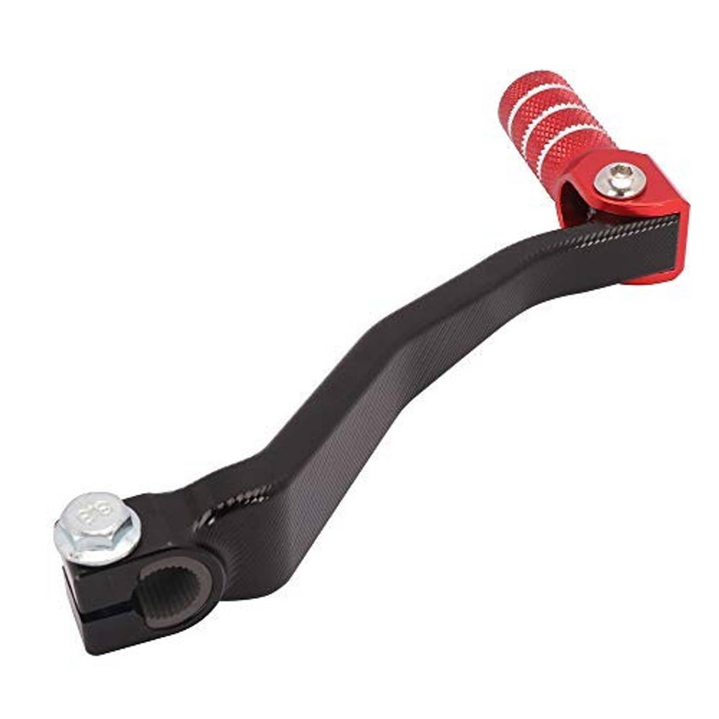 Motorcycle shift lever folding tip, black lever with red knurled grip and white stripes
