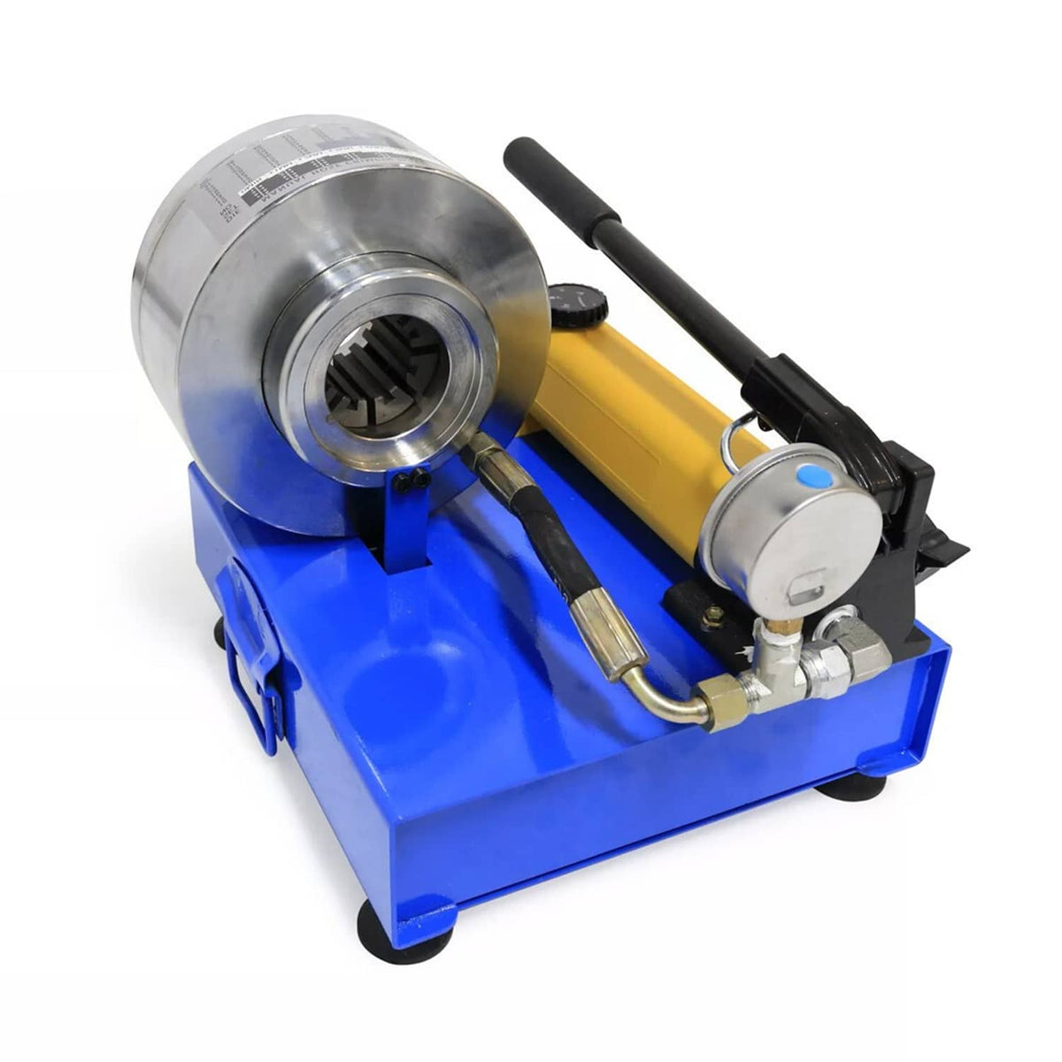Hydraulic pipe crimper showing side components, pressure gauge, and yellow hydraulic cylinder