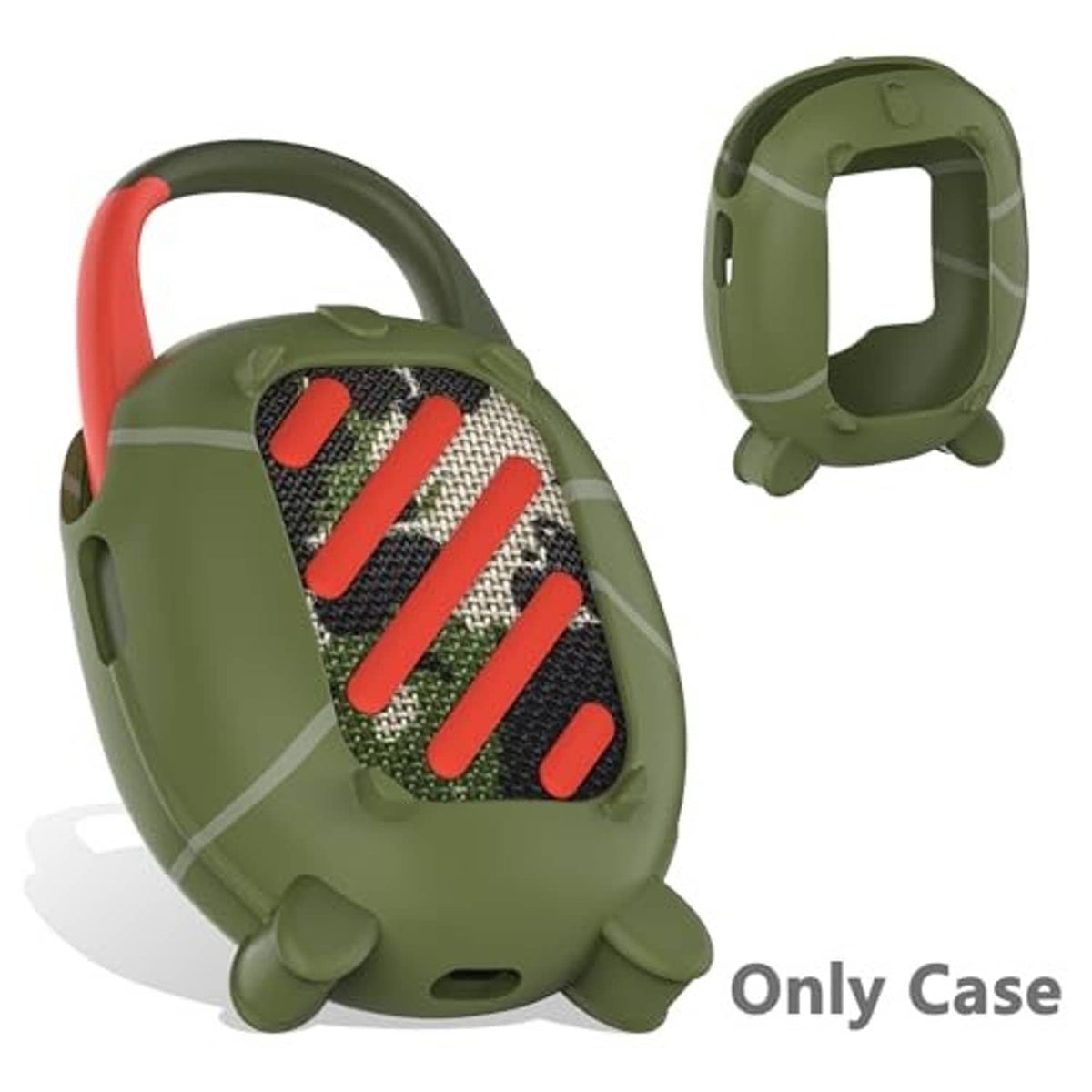Olive silicone speaker case with clear window showing red sound-bar graphic