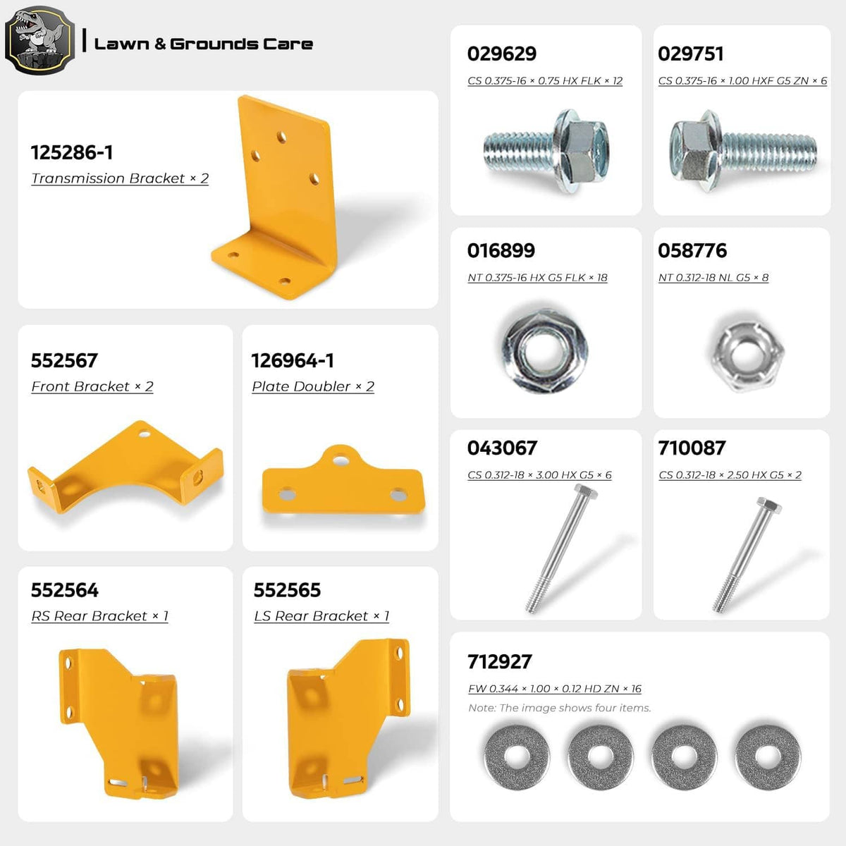 Transmission bracket kit parts layout: yellow brackets, bolts, washers, and hardware